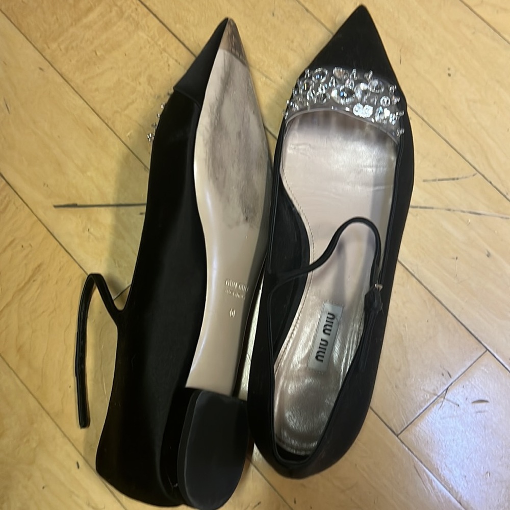Miu Miu Black Satin Crystal Embellished Ankle Strap Pointed Toe Ballet Flats 40 - Picture 14 of 16